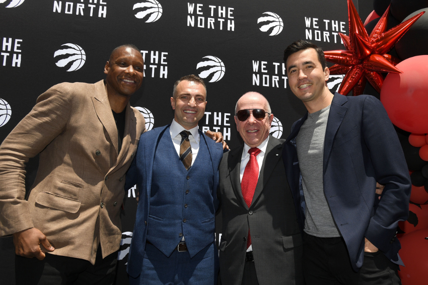 Raptors president Masai Ujiri, team co-owner Larry Tanenbaum, general manager Bobby Webster & head coach Darko Rajakovic